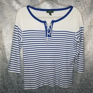 ❤ Ralph Lauren Petite L Blue & White Stripped Top